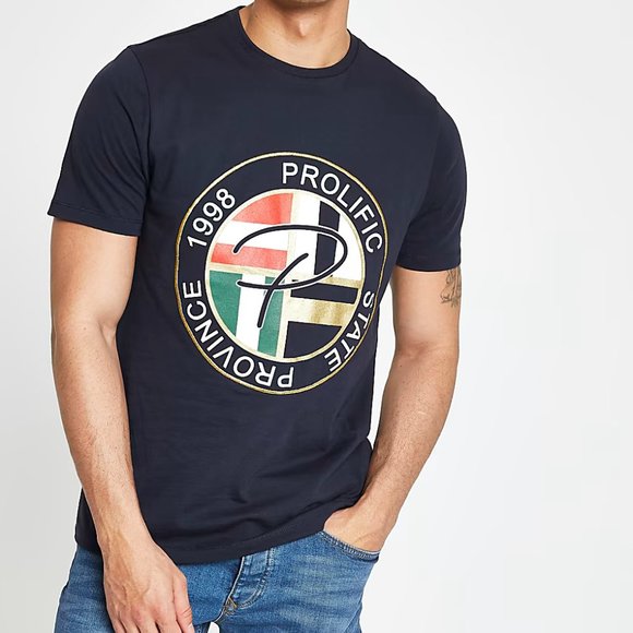 River Island Men's Navy 'Prolific' Embroidered Print Short Sleeve T-Shirt - Picture 2 of 4